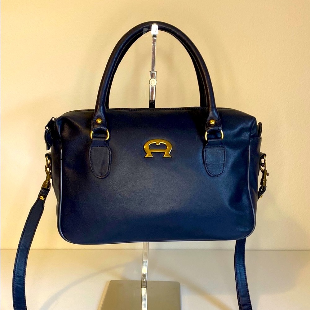 Etienne Aigner vintage Navy Leather Satchel Handbag with Gold Hardware
